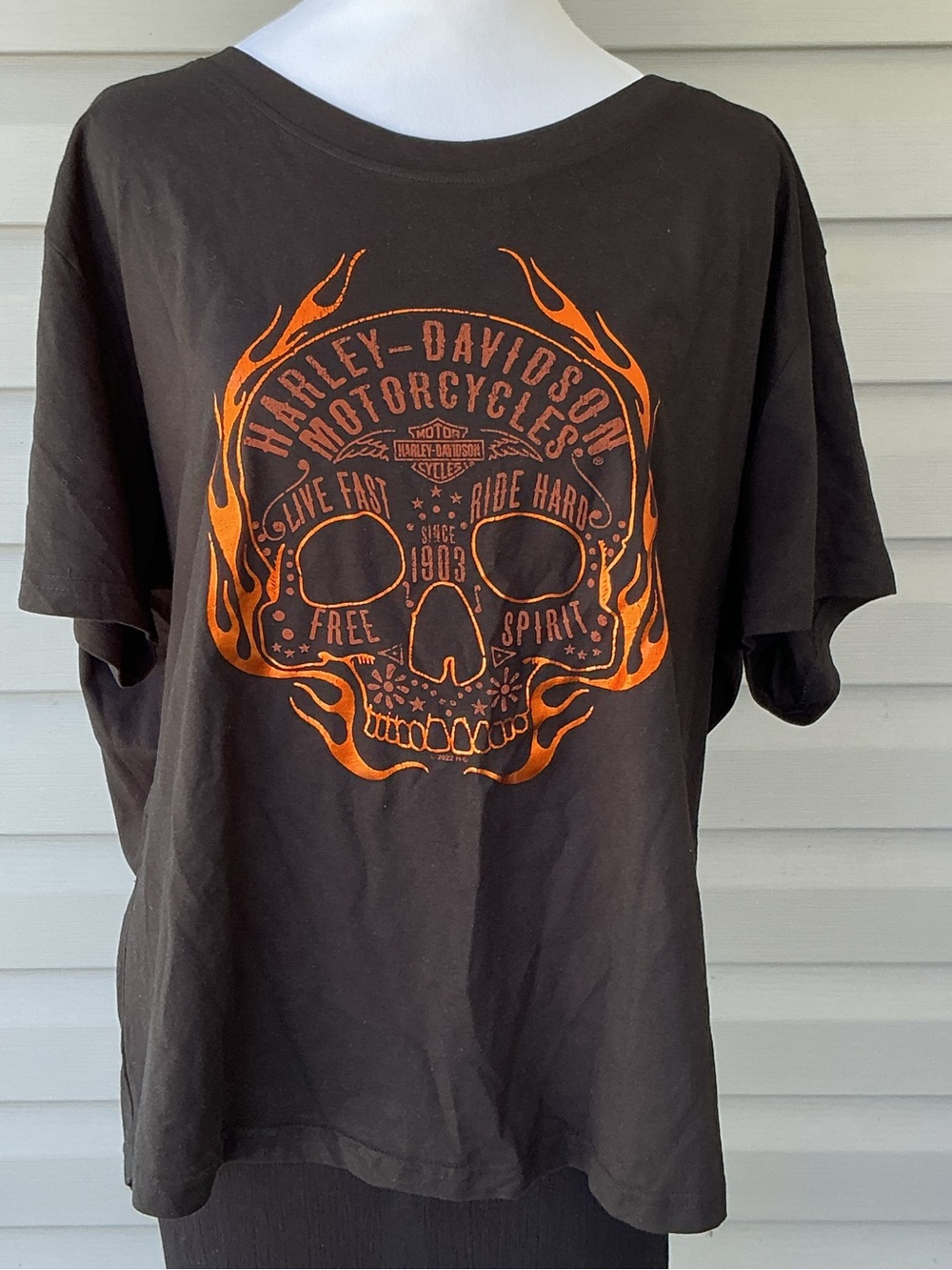 Harley-Davidson WOODSTOCK Black Short Sleeve Tee with Orange Flame Skull Graphic